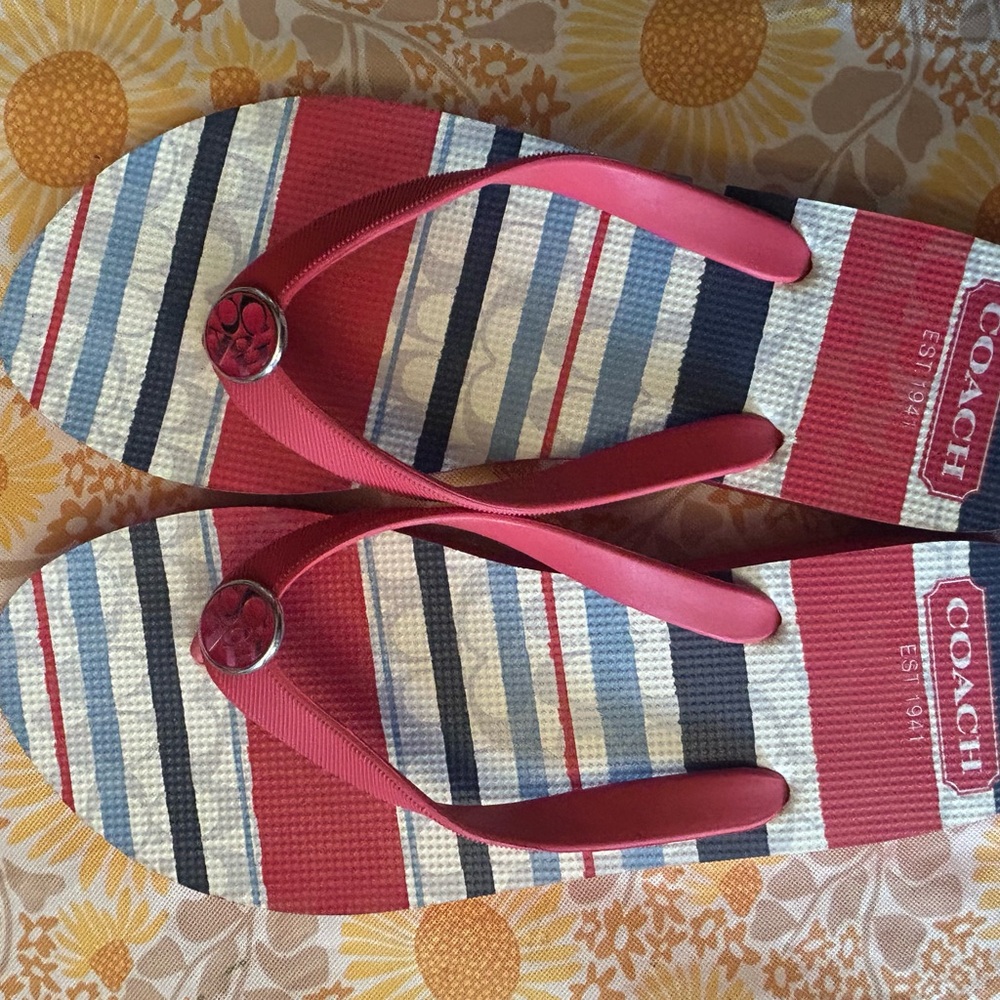Coach Pink Strap Striped Flip Flops